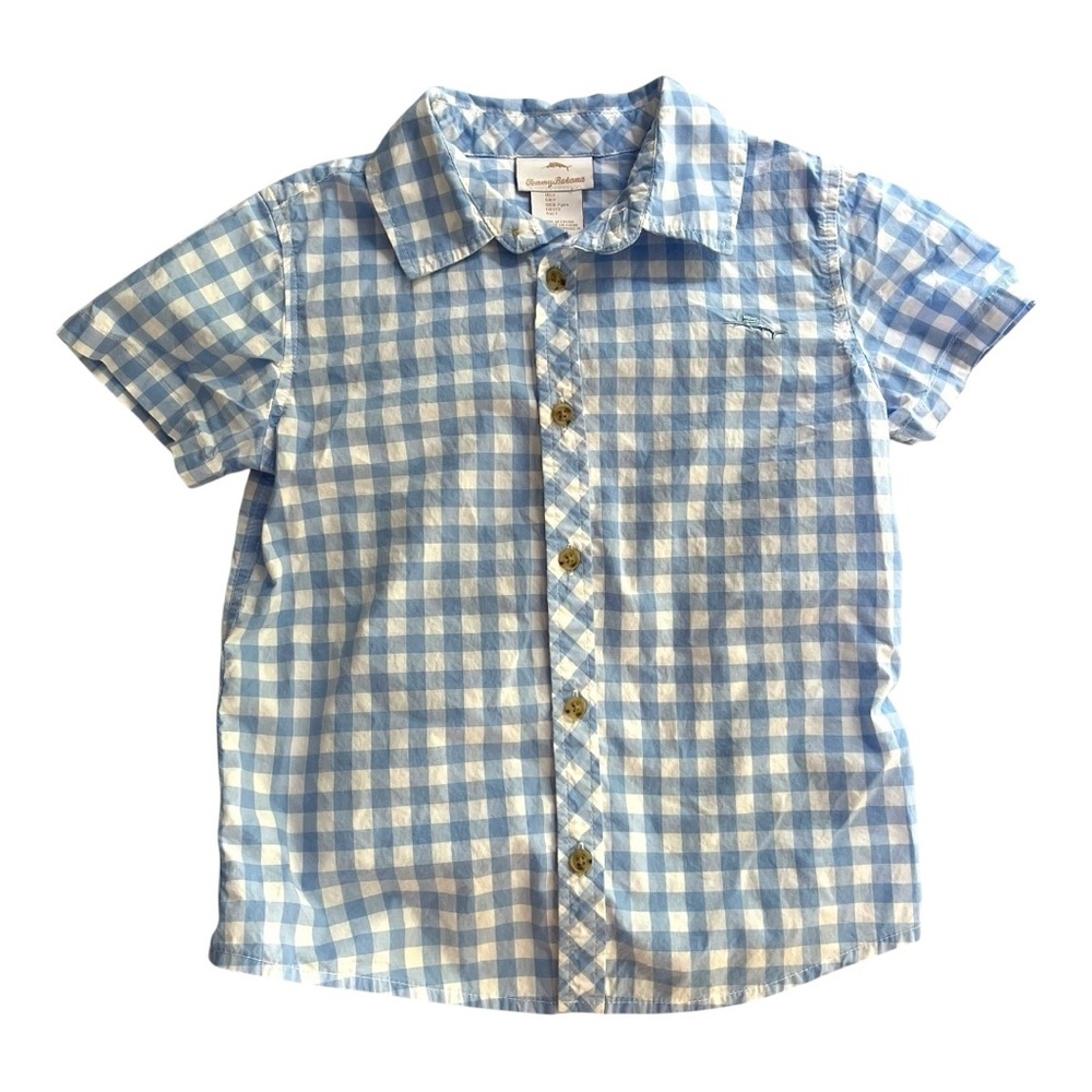 Tommy Bahama boys 100% cotton button down plaid shirt sleeve shirt blue & white